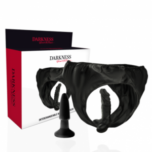 Strap-On Darkness Sensations Harness Nero con Dildo Realistico 14 cm e Plug Anale Intercambiabili